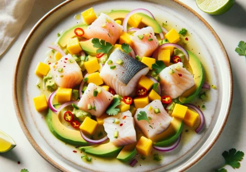 סביצ'ה דג מוסר ים מדהים וממכר עם אבוקדו ומנגו