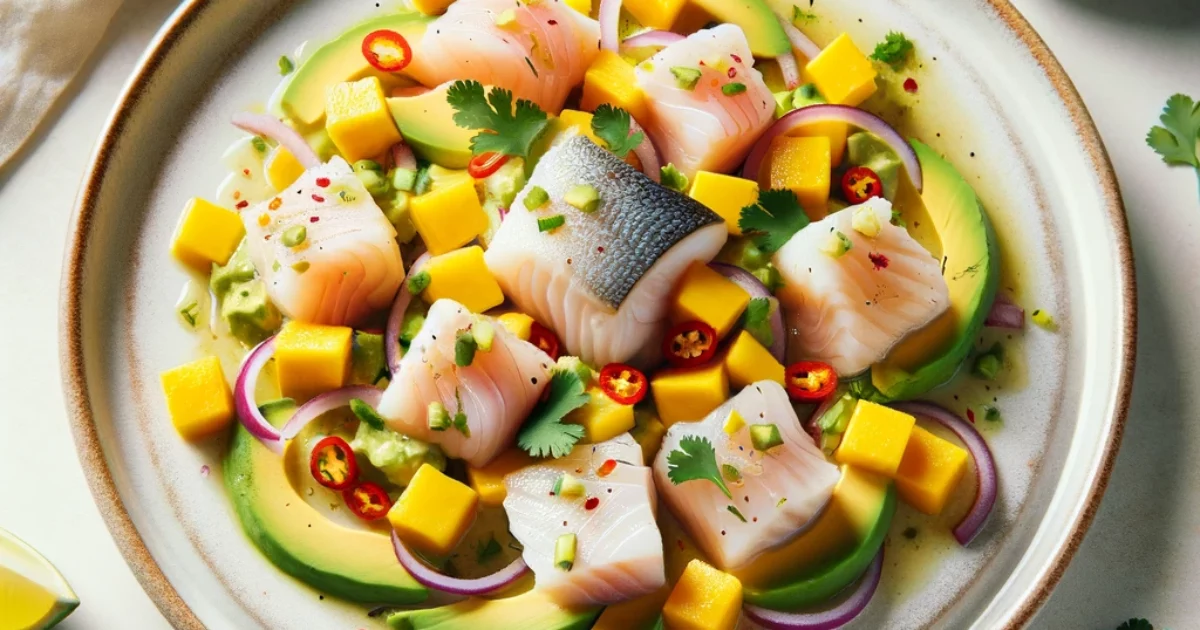 סביצ'ה דג מוסר ים מדהים וממכר עם אבוקדו ומנגו