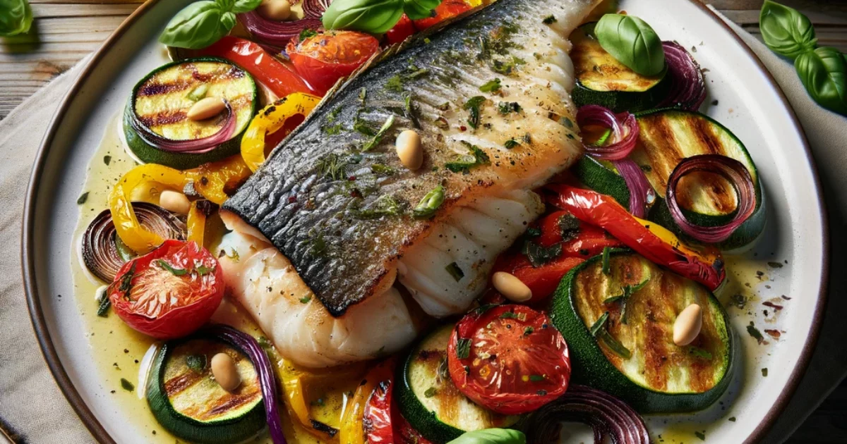 דג לברק בתנור עם ירקות ועשבי תיבול