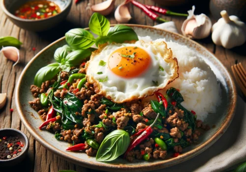 תמונה של פאד קפאו עם בשר בקר. המנה מוגשת בצלחת כפרית על שולחן עץ, וכוללת בשר בקר טחון מוקפץ עם עלי בזיליקום טריים, שום ופלפלים חריפים, מעל אורז יסמין מאודה.