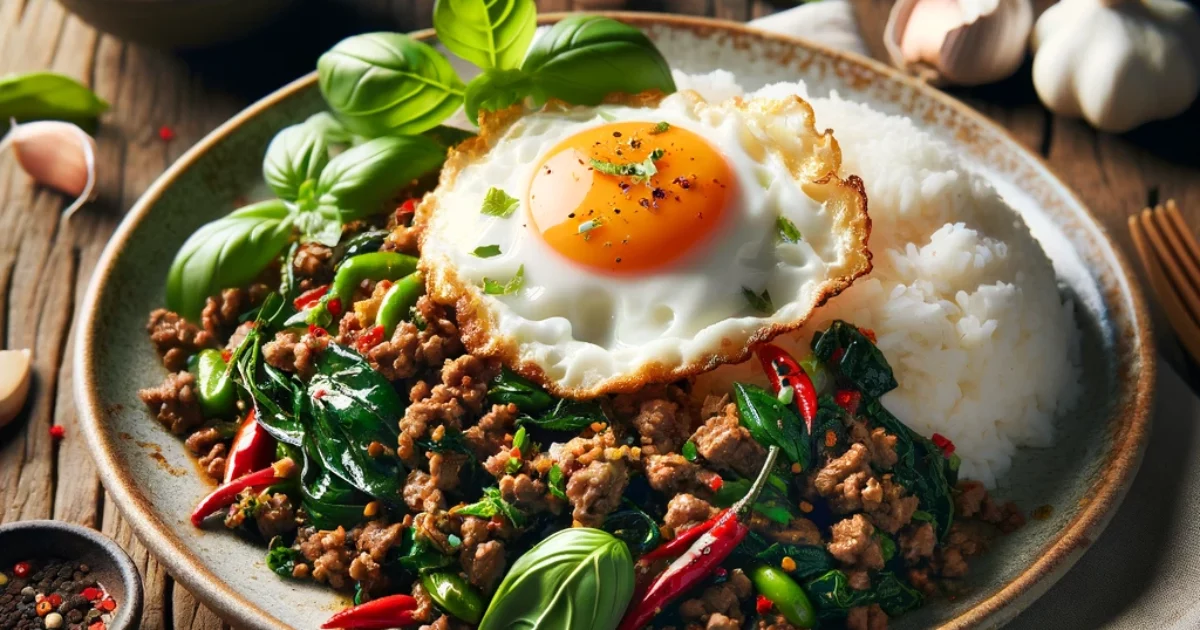 תמונה של פאד קפאו עם בשר בקר. המנה מוגשת בצלחת כפרית על שולחן עץ, וכוללת בשר בקר טחון מוקפץ עם עלי בזיליקום טריים, שום ופלפלים חריפים, מעל אורז יסמין מאודה.